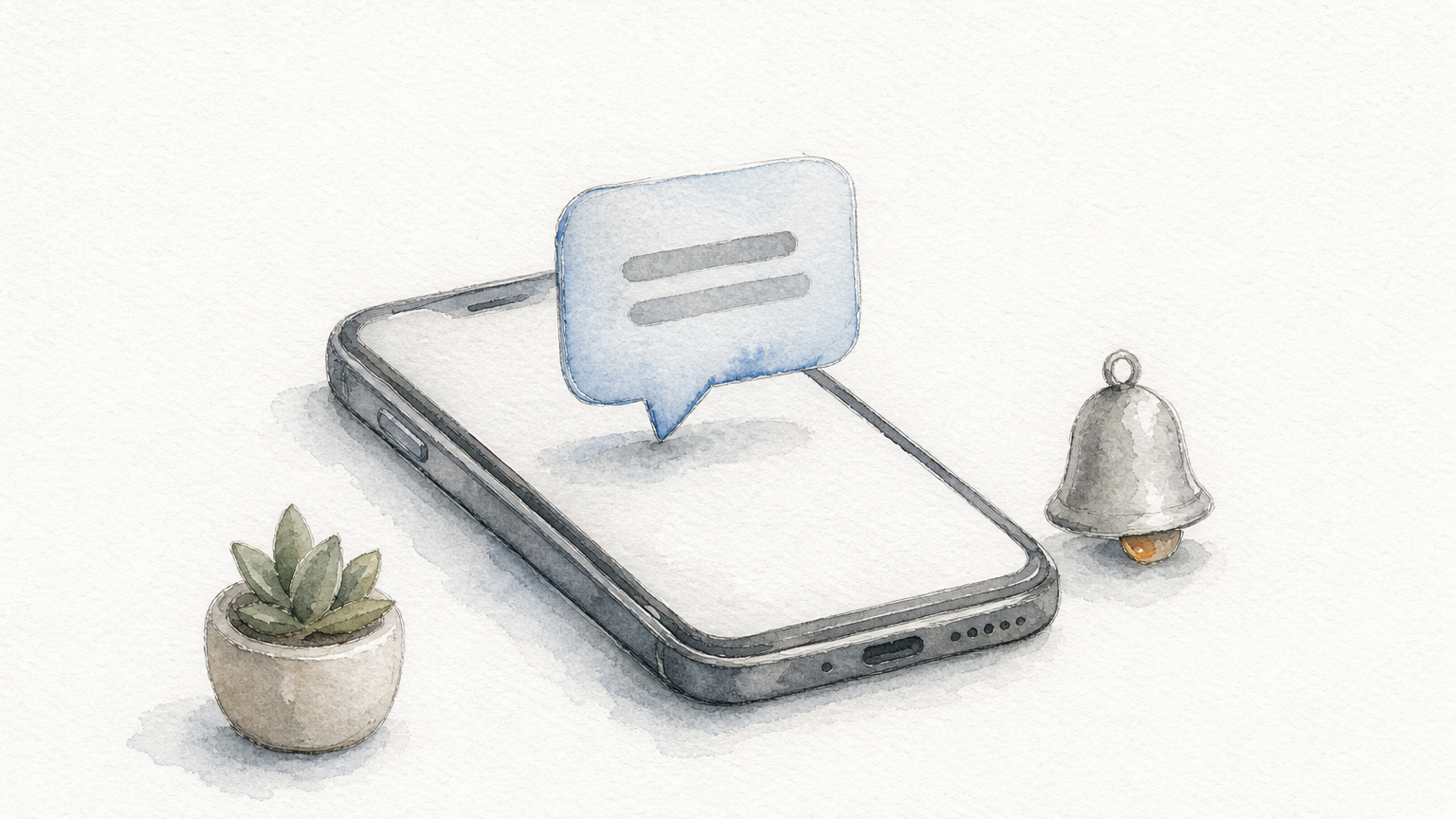 A smartphone on a table with a speech bubble icon above its screen and a bell icon beside it.