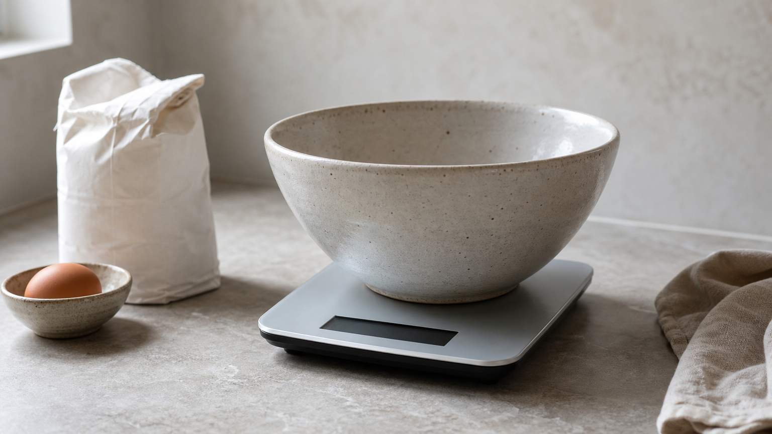 A flat digital kitchen scale holds a mixing bowl, with a bag of flour set beside it on the counter.