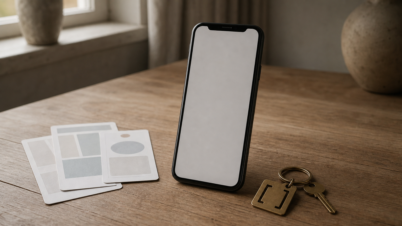 A smartphone stands on a desk next to stacked layout cards and a key ring with a bracket charm.