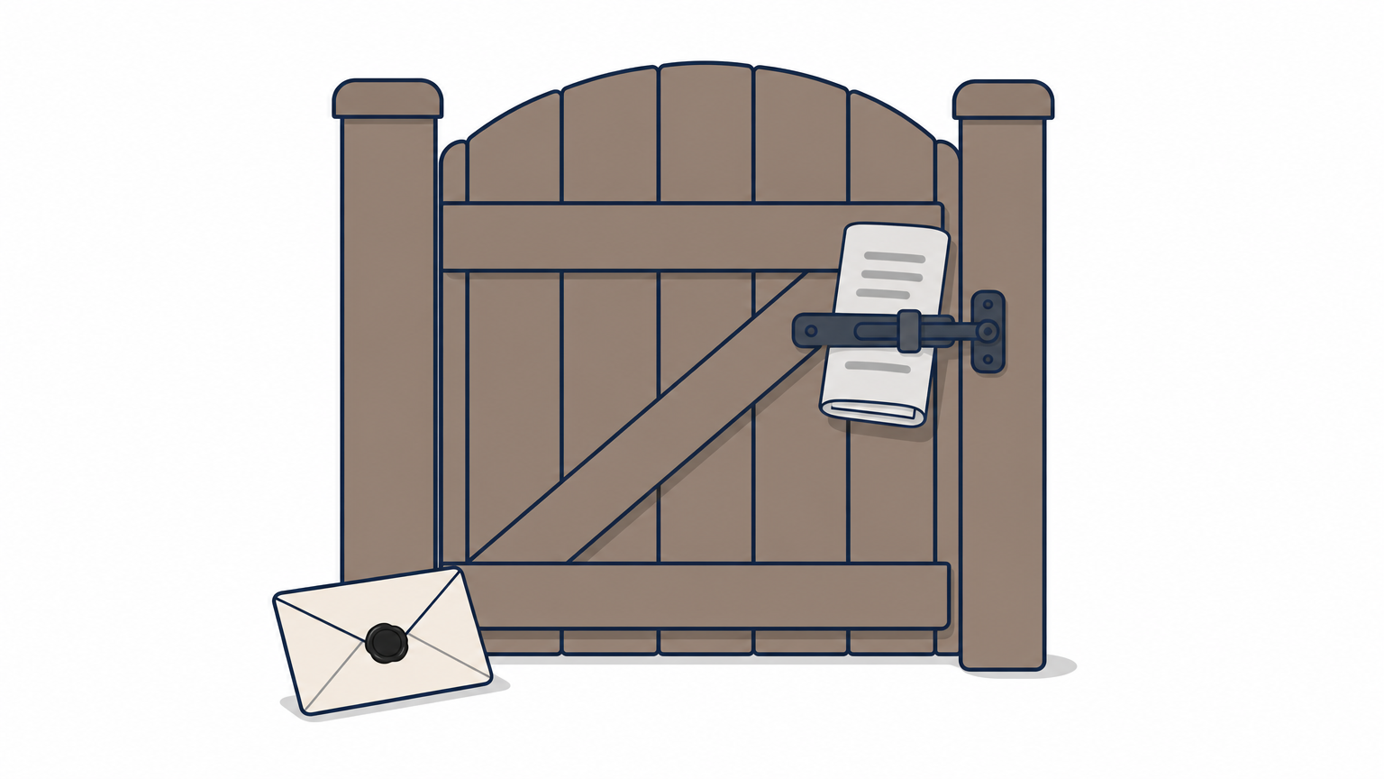 A folded court order rests on the latch of a closed wooden gate, with a sealed envelope on the ground beside it.