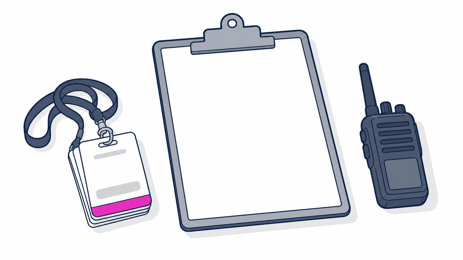 A clipboard with a run-of-show sheet, lanyard badges and a handheld radio on a table.