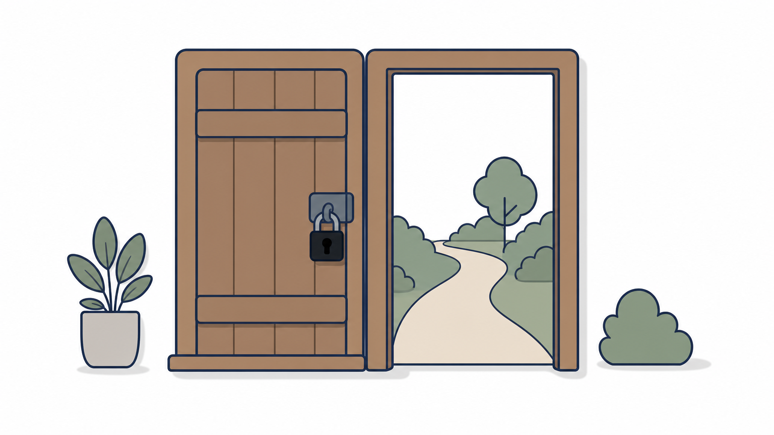 A padlocked wooden door stands beside an open doorway that leads onto a clear path.