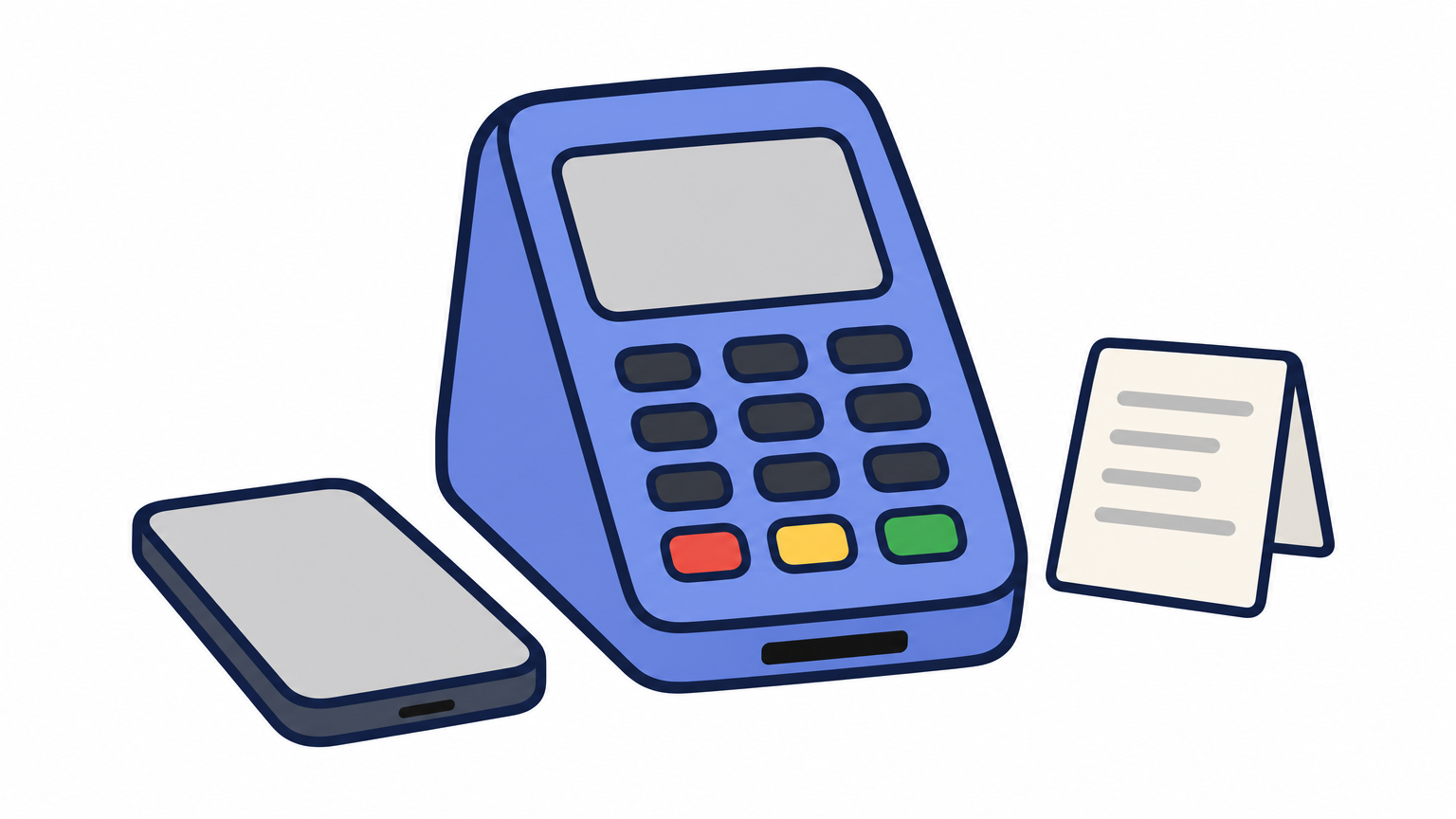 A card reader, smartphone, and paper receipt sit on a small shop counter.
