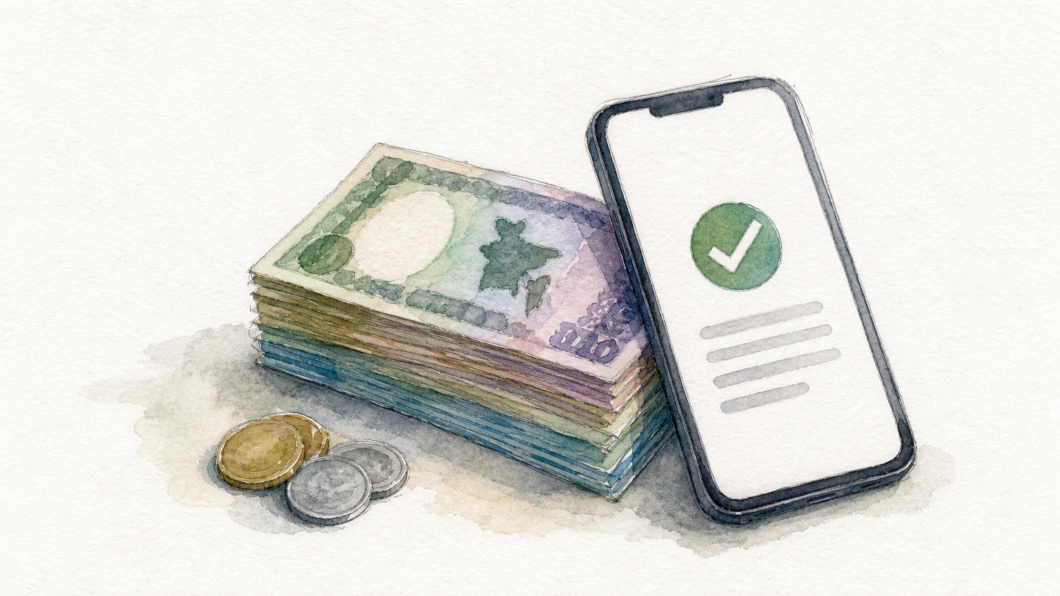 A neat stack of taka banknotes sits beside a smartphone showing a payment confirmation.