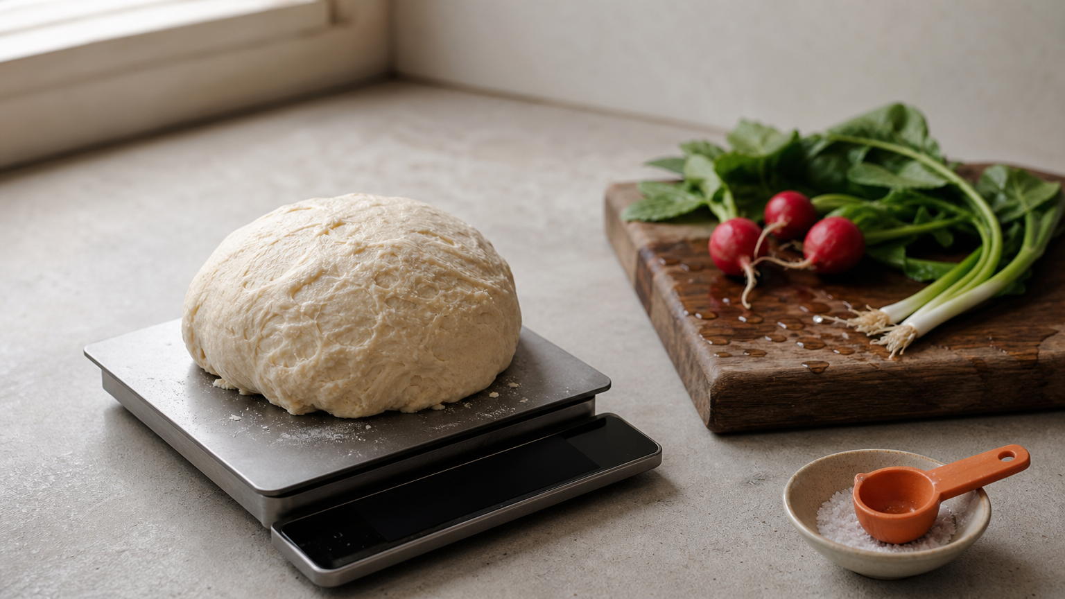 A flat kitchen scale holds a ball of sticky dough, with a cutting board of wet produce beside it.