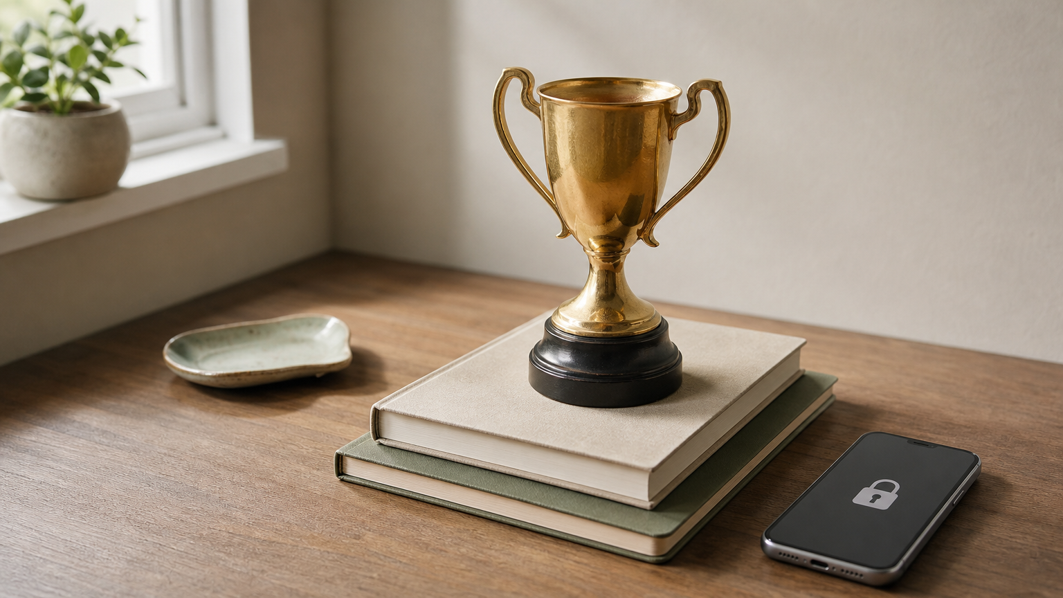 A gold trophy sits on two notebooks beside a smartphone showing a padlock icon.