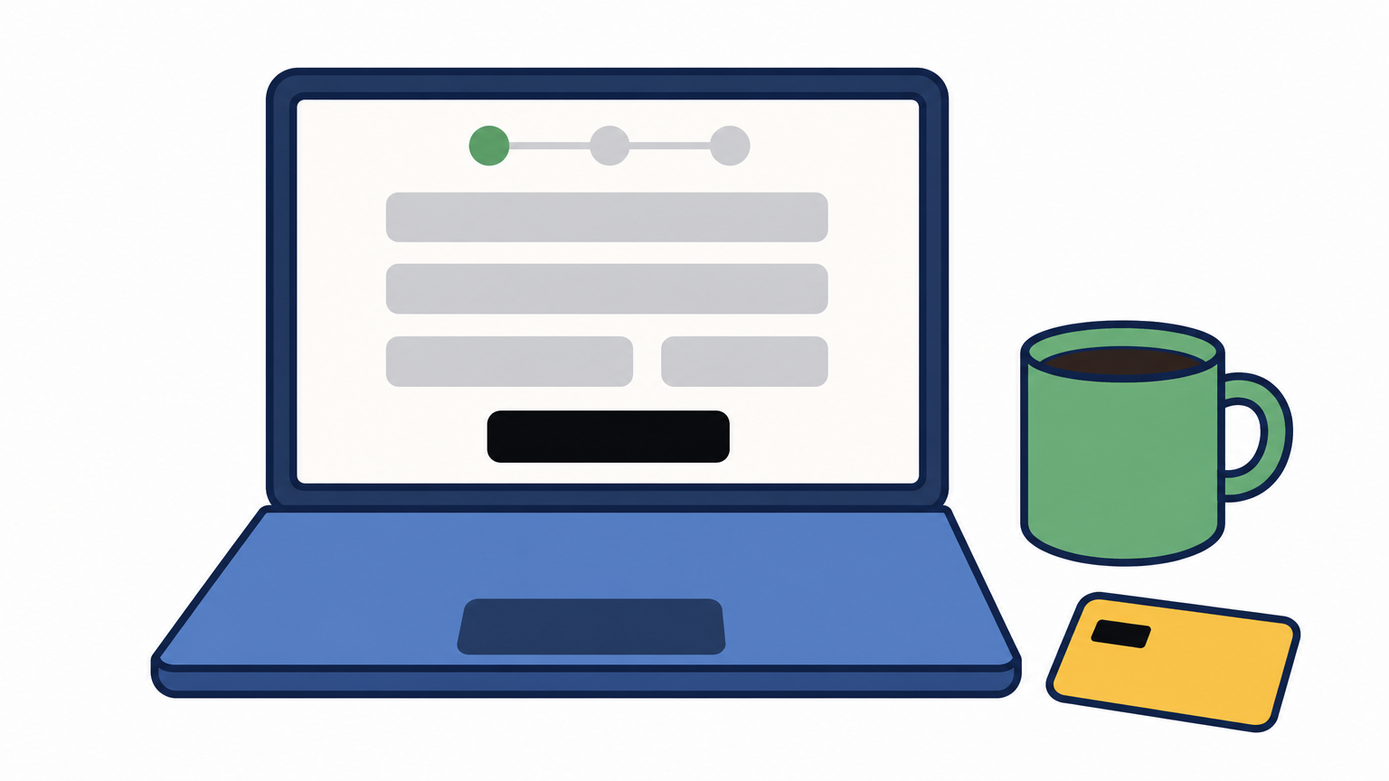 An open laptop beside a credit card and a coffee cup on a desk.