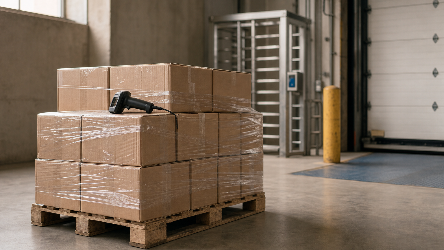 A barcode scanner rests on a stacked pallet of boxed stock beside a warehouse gate.