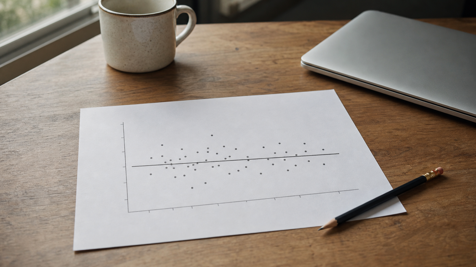 A printed scatter plot with a fitted line lies on a desk beside a pencil and a closed laptop.