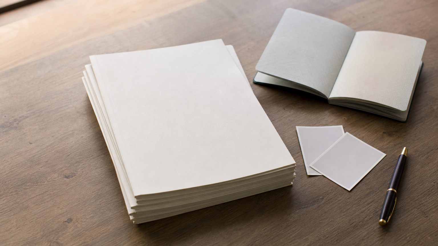 A stack of original papers with an open passport, two photographs and a pen on a desk.