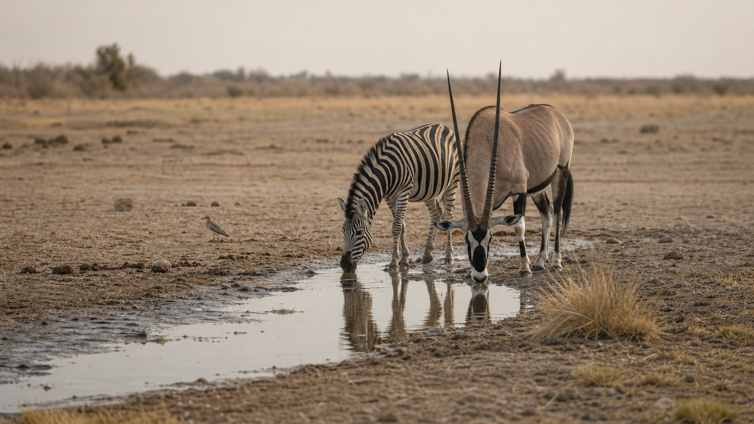 Zebra and oryx gather at the edge of a shrinking river pool on a dusty plain.