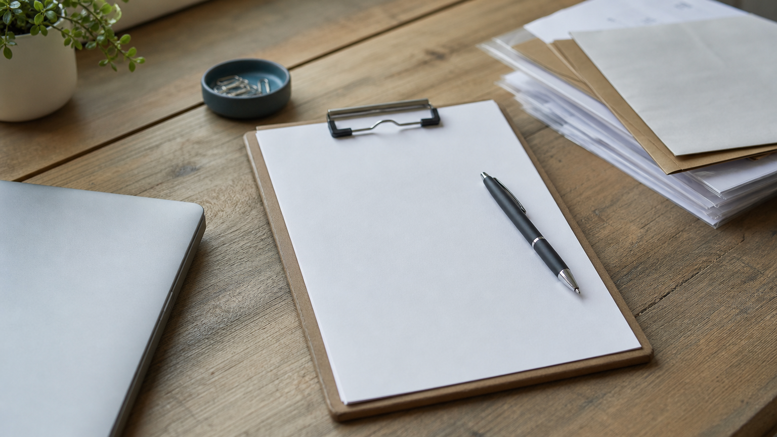 A clipboard with a checklist and a pen lie on a desk beside a closed laptop.