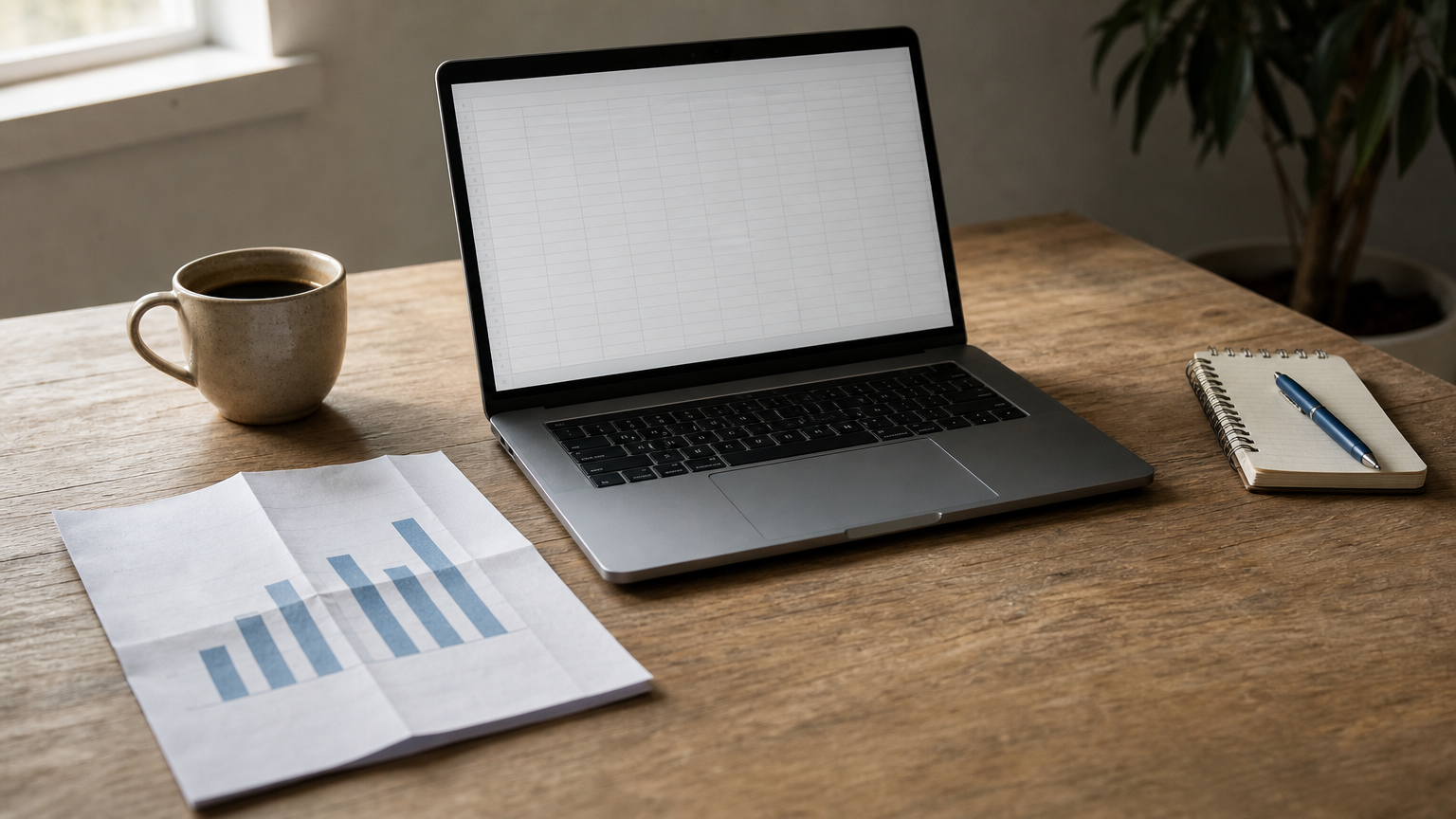 An open laptop displays a spreadsheet grid beside a printed bar chart and a coffee cup.