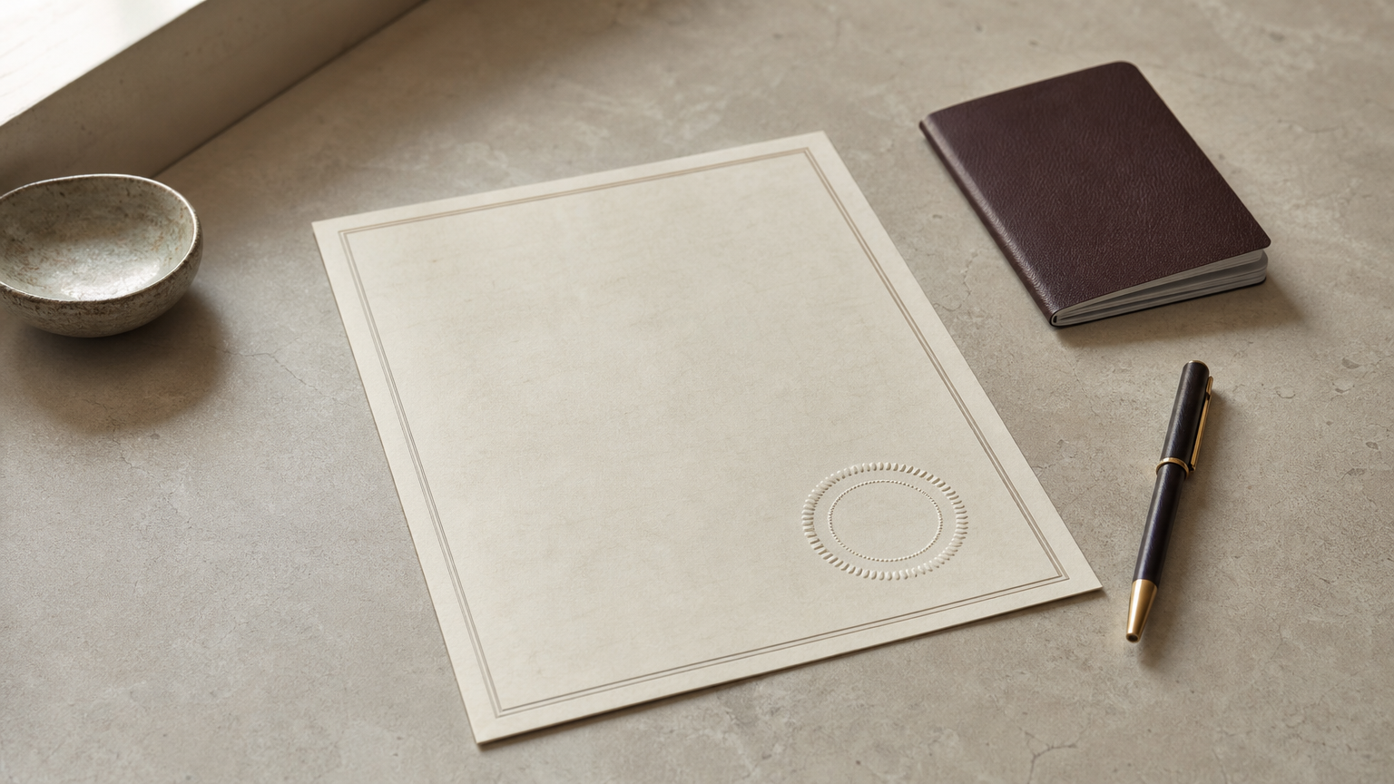 A flat unfolded certificate with a round seal, lying beside a closed passport and a pen.