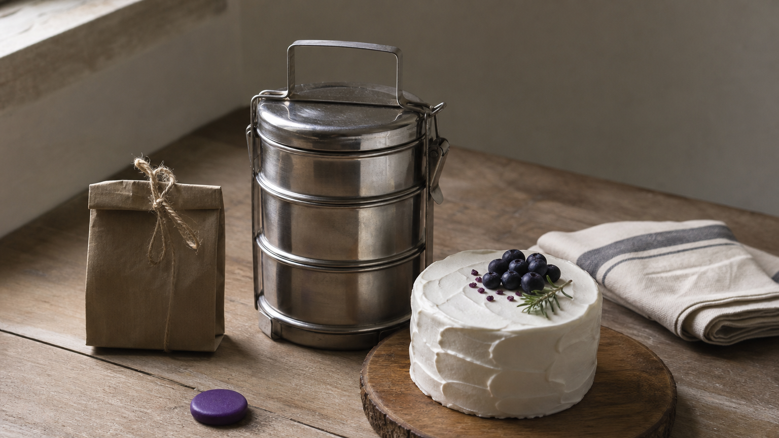 A stack of tiffin boxes sits beside a small frosted cake on a wooden board, with a folded napkin and paper bag nearby.