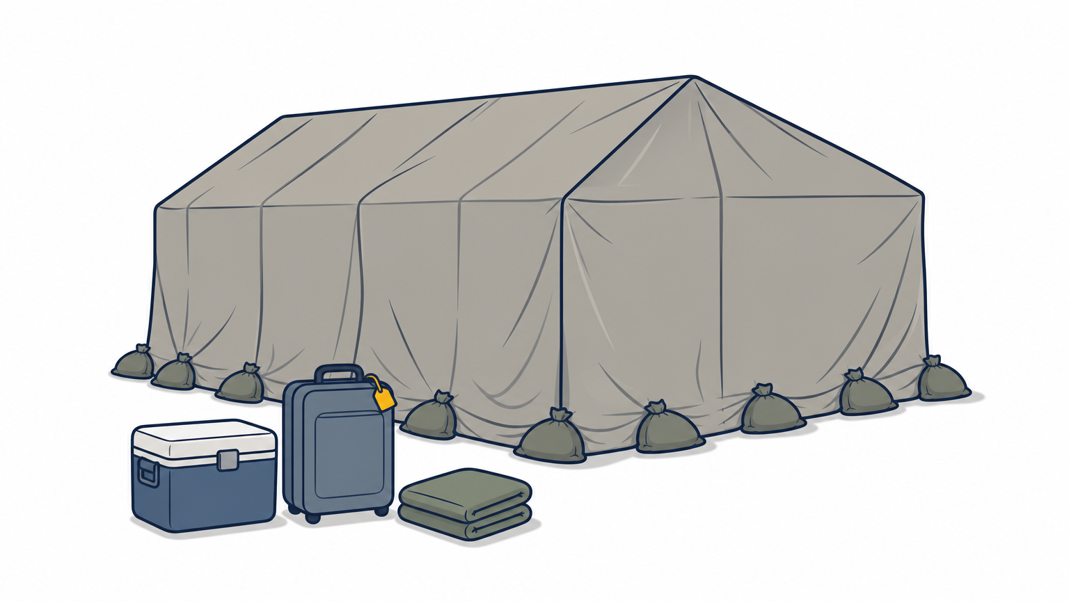 A house sealed under a fumigation tarp with sandbags, and a cooler and suitcase waiting on the lawn.