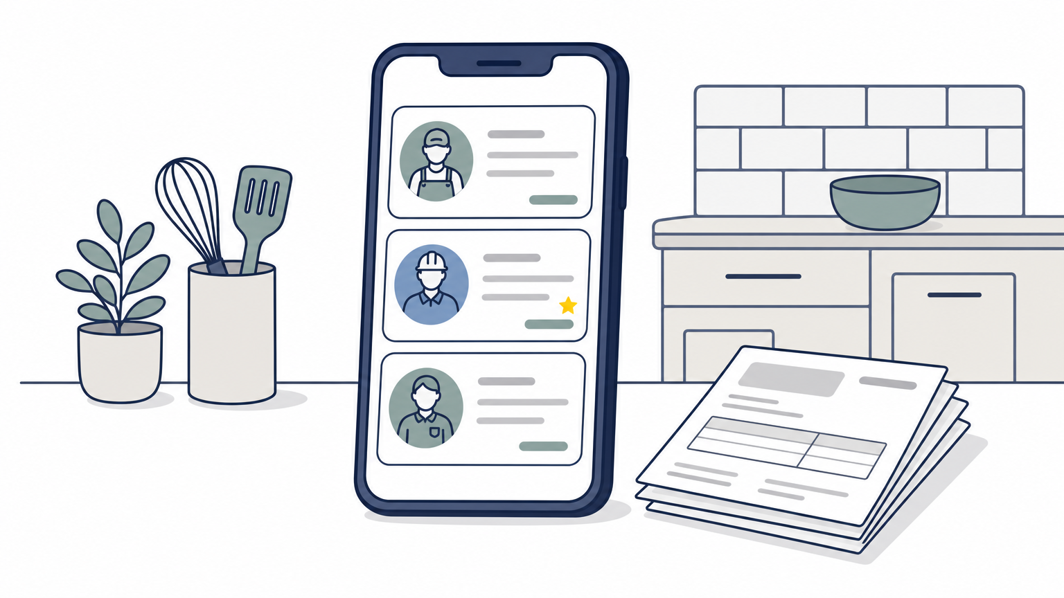 A phone displaying three contractor profiles beside a stack of printed quotes on a kitchen counter.