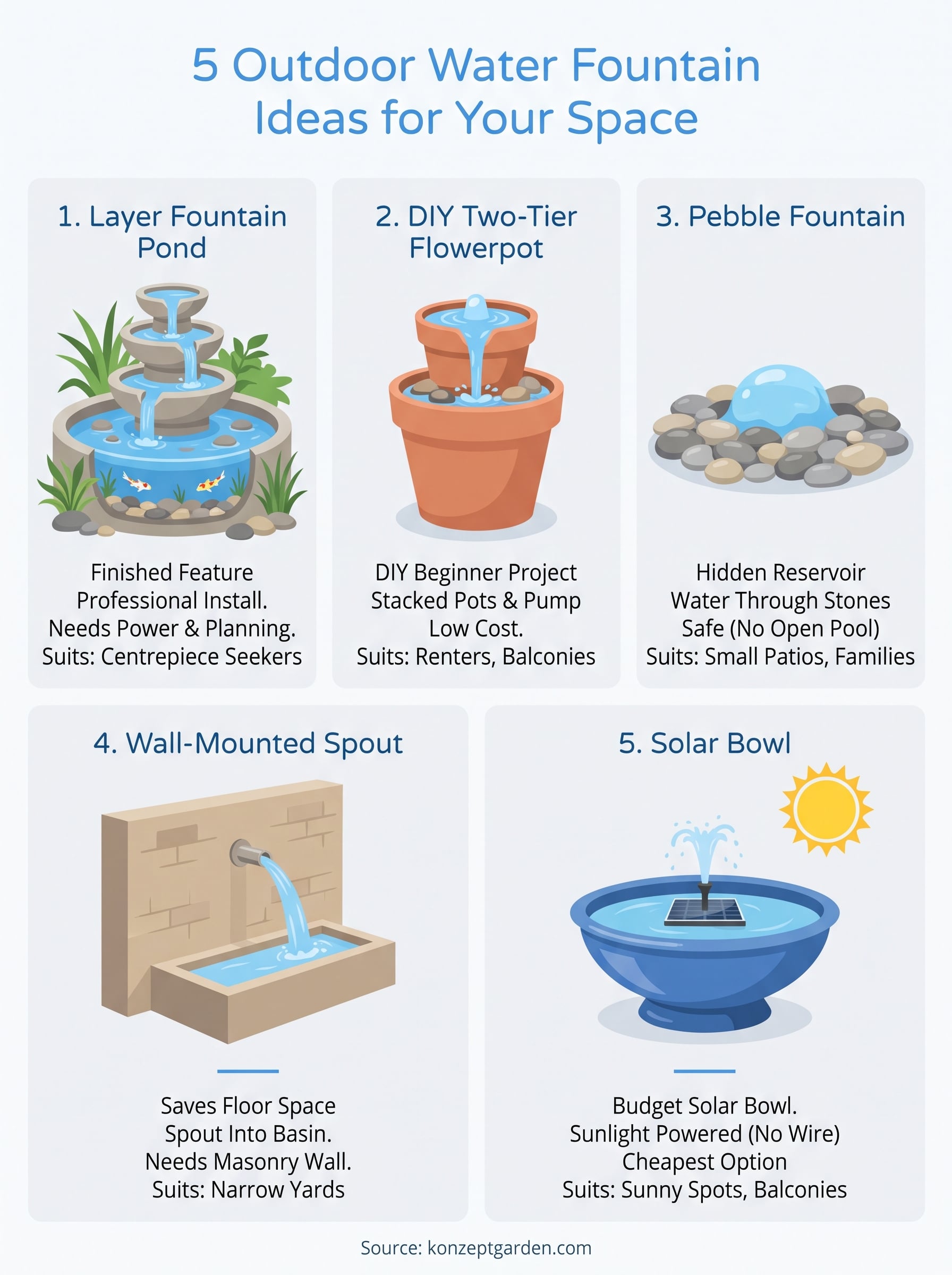 outdoor water fountain ideas infographic