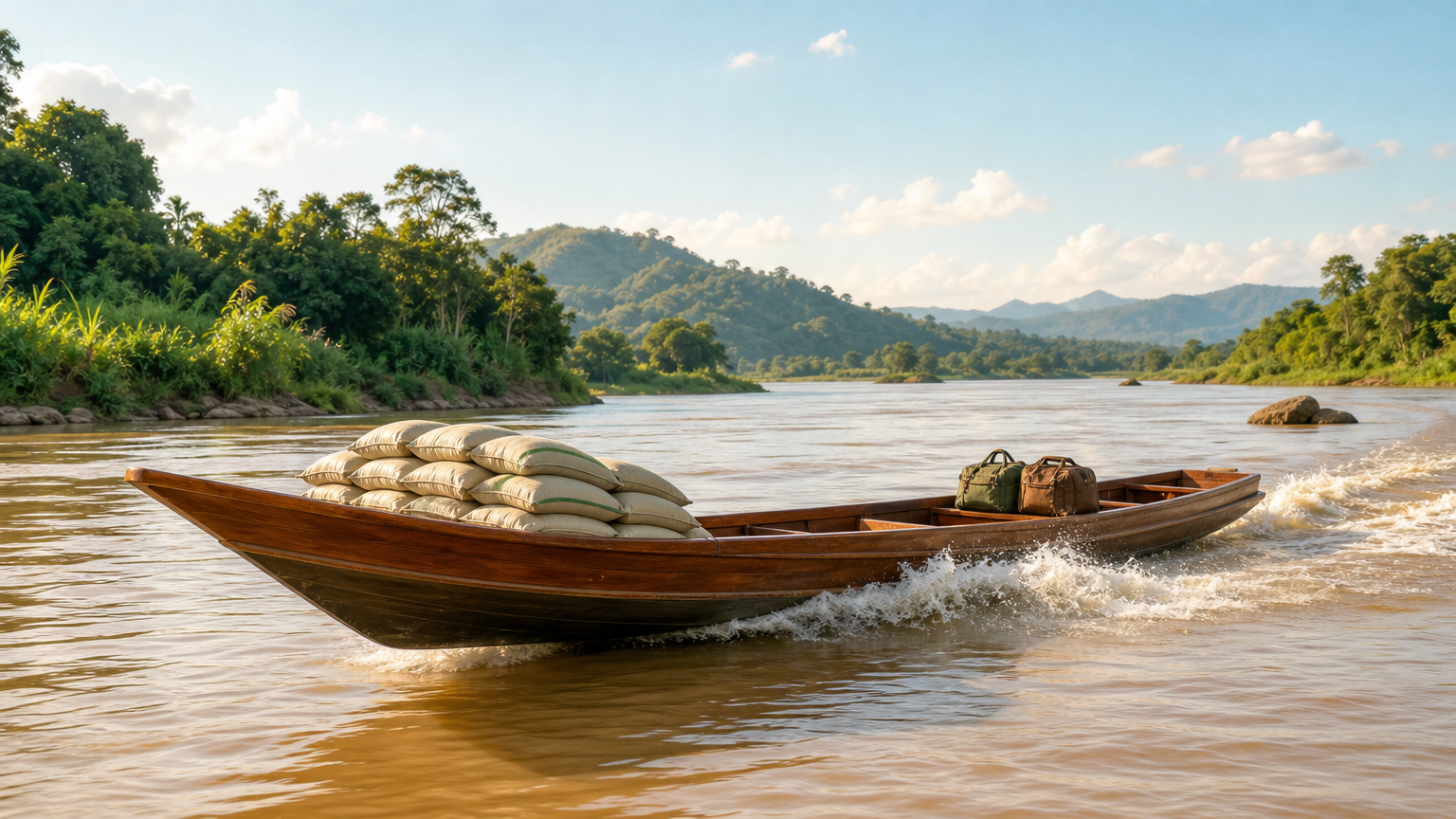 Un bateau en bois filant sur un fleuve brun, avec des bagages posés à l'arrière.