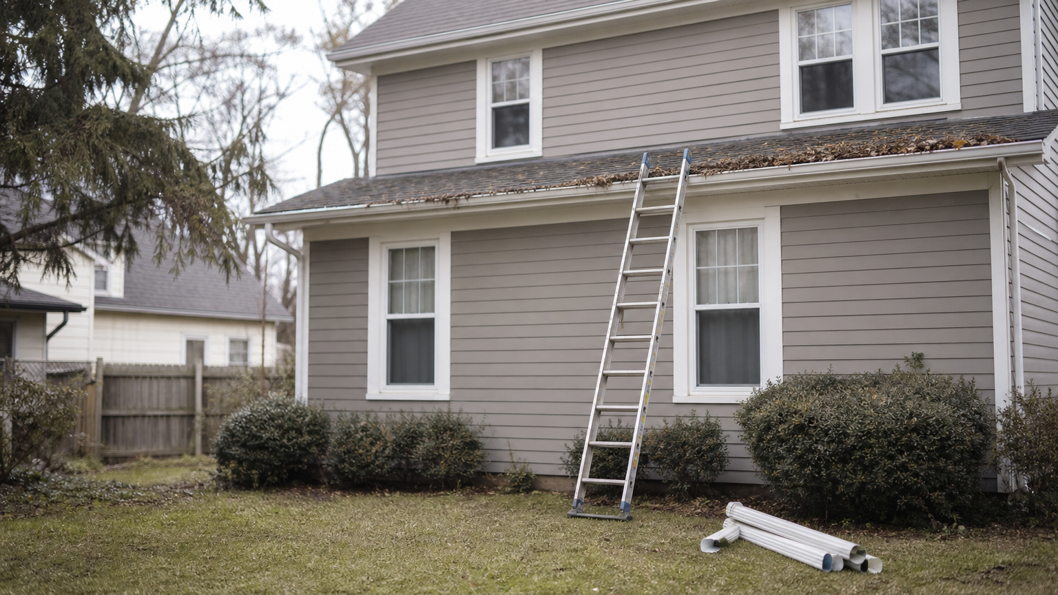 A tall extension ladder leans against a two-story house beside a leaf-packed gutter.