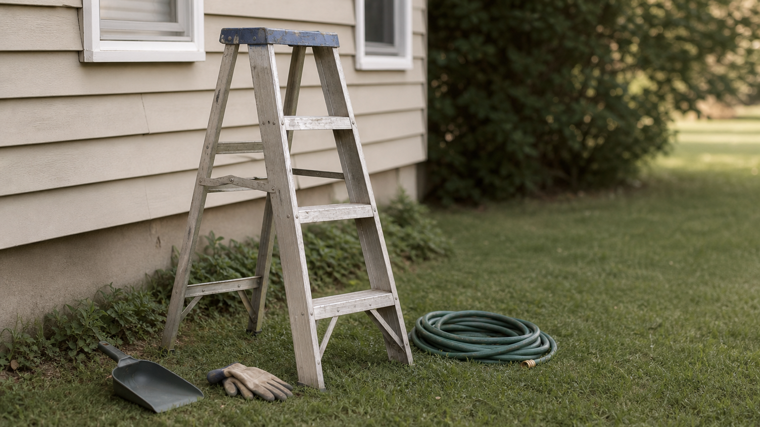 A stepladder stands on level grass beside a single-story house, with a scoop, gloves, and hose nearby.