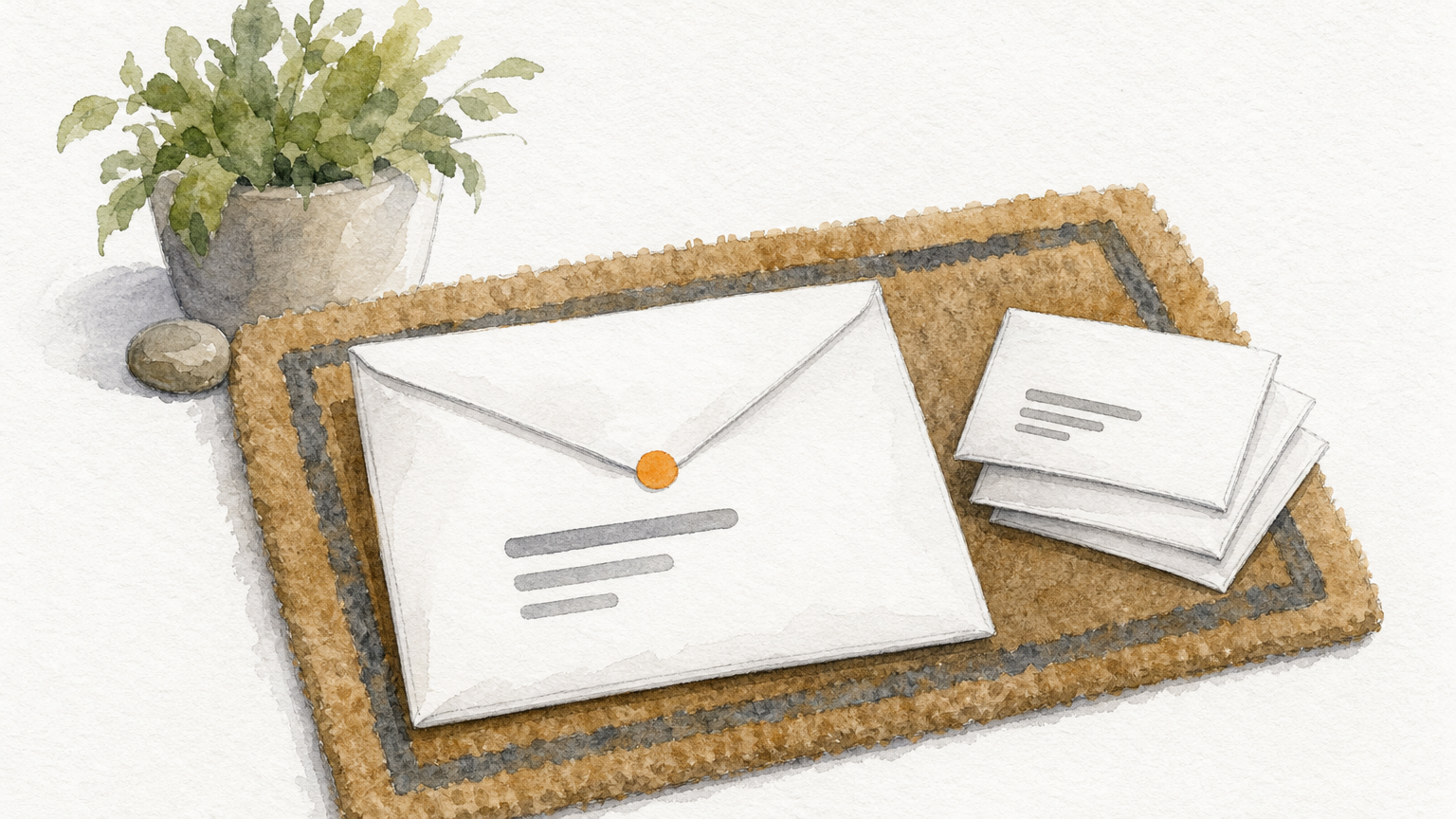 A single welcome envelope on a doormat with three smaller envelopes stacked beside it.