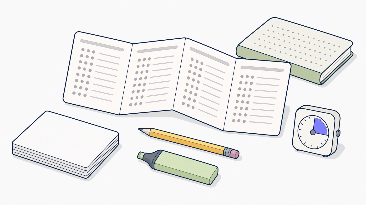 A drill chart, dot book, pencil, highlighter, blank paper, and timer arranged on a table.