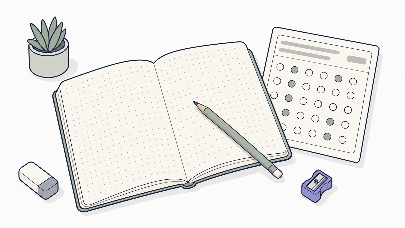 An open dot book sits beside a printed drill chart with a pencil resting across it.