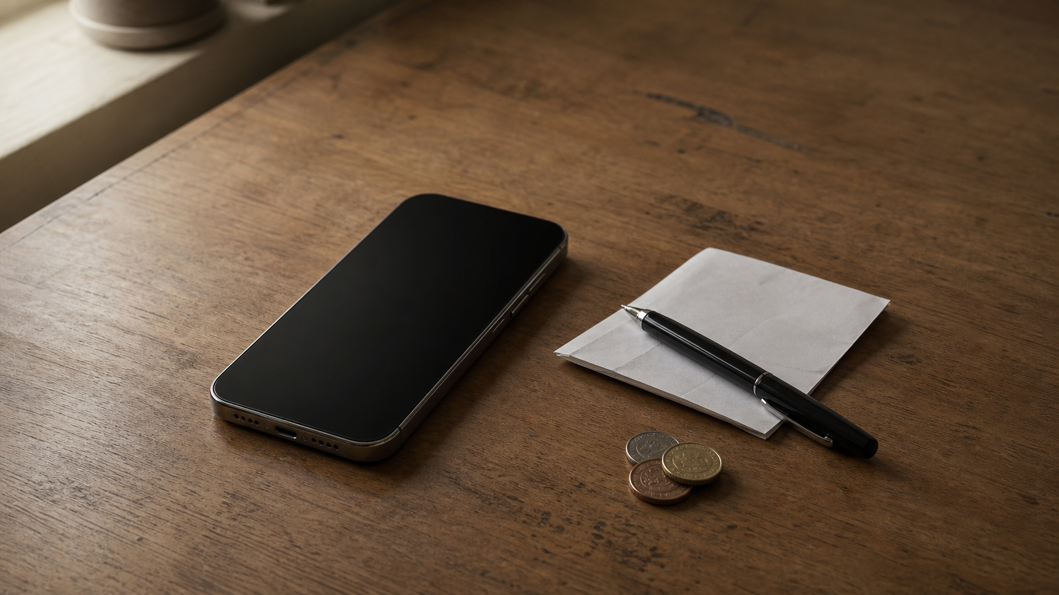 A smartphone, a folded paper slip, a pen and a small coin stack arranged together on a desk.