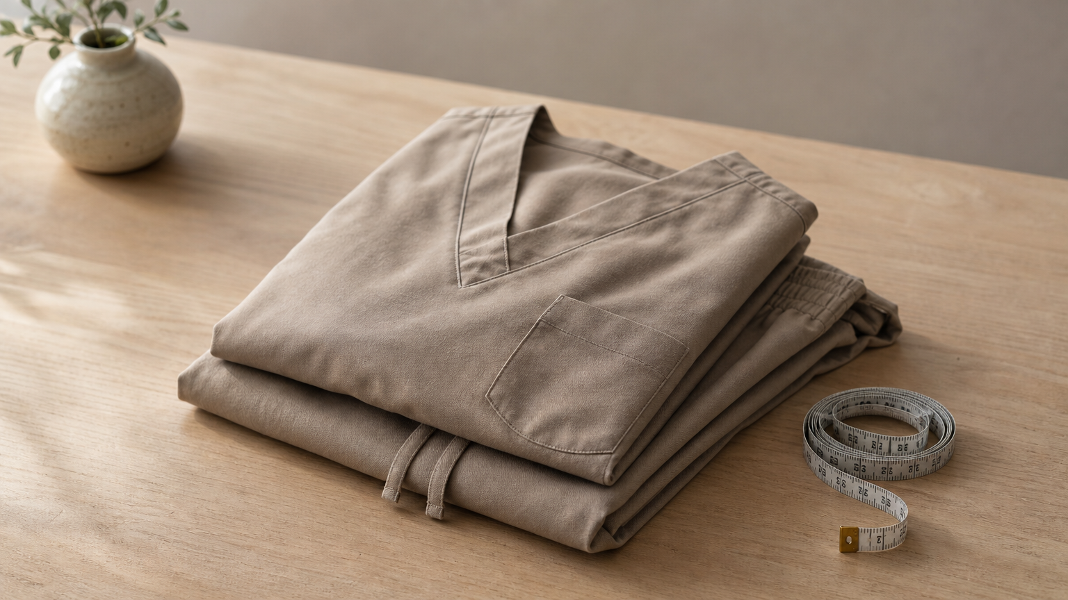 A folded scrub top with a chest pocket sits on folded scrub pants, with a tape measure coiled beside them.