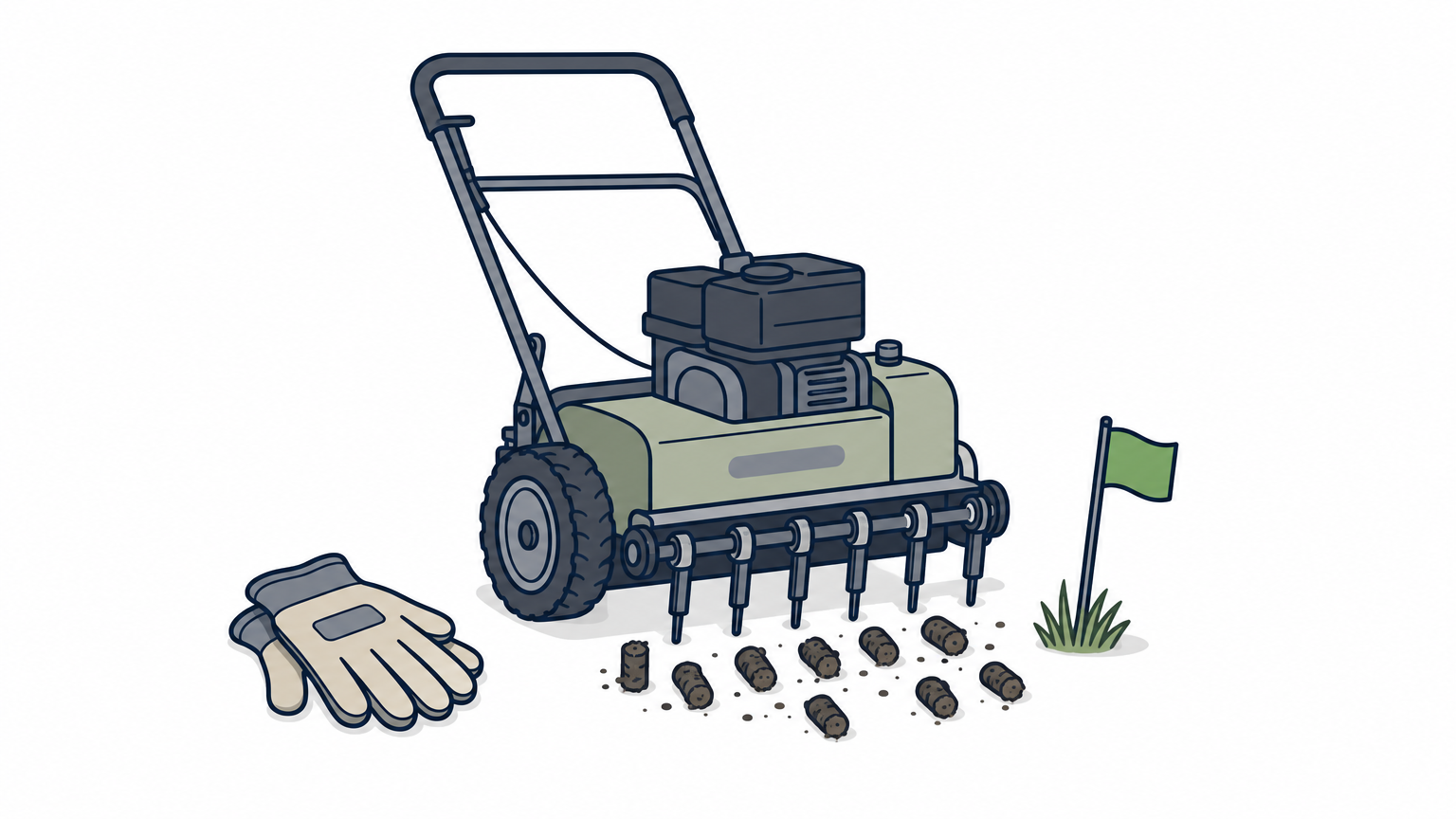 A core aerator pulls small soil plugs across a lawn beside work gloves and a utility flag.
