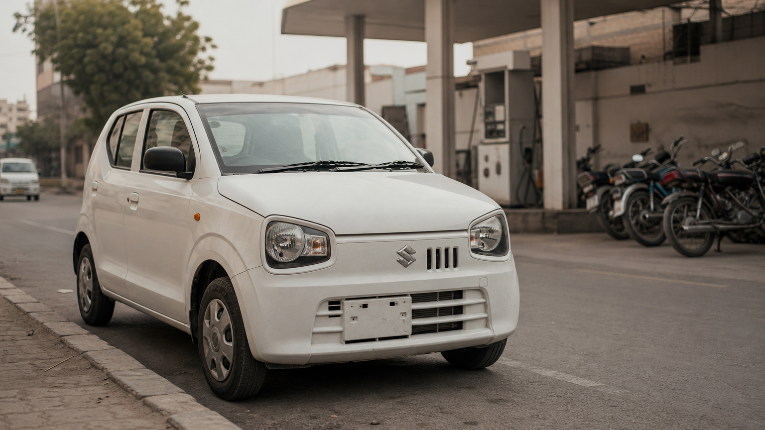 A white Suzuki Alto hatchback parked at a street curb beside a fuel station in Karachi.