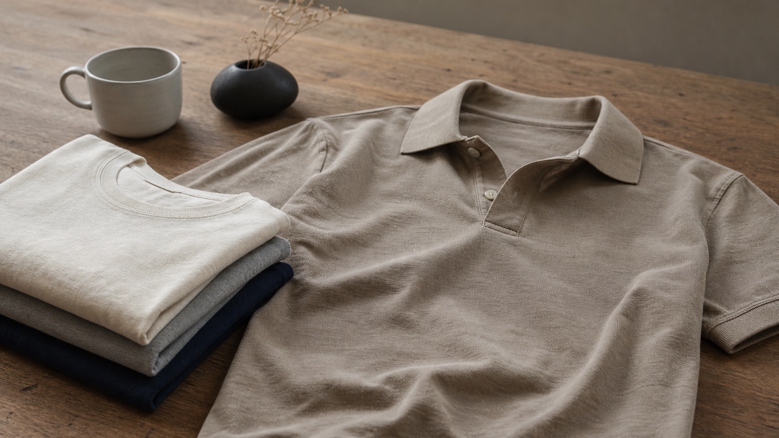 A stack of three folded crewneck tees sits beside a polo shirt laid flat with its collar open.