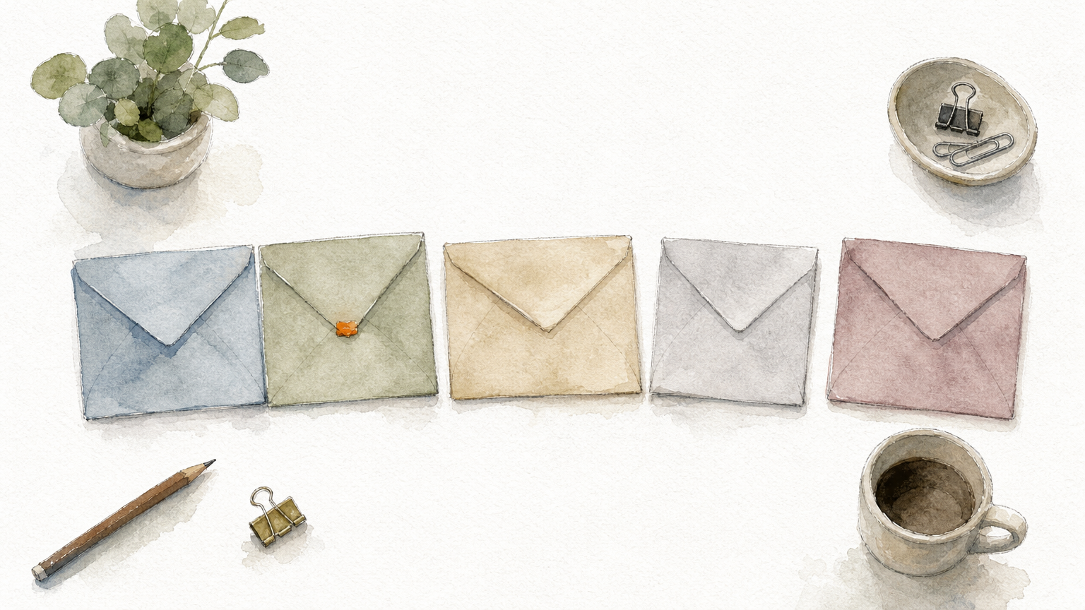 Five paper envelopes laid in a row, with the first two sitting closer together than the rest.