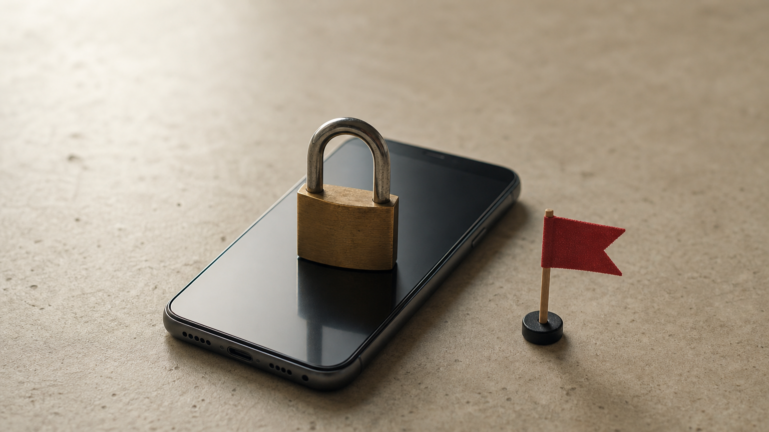A padlock resting on a smartphone next to a small upright red warning flag.