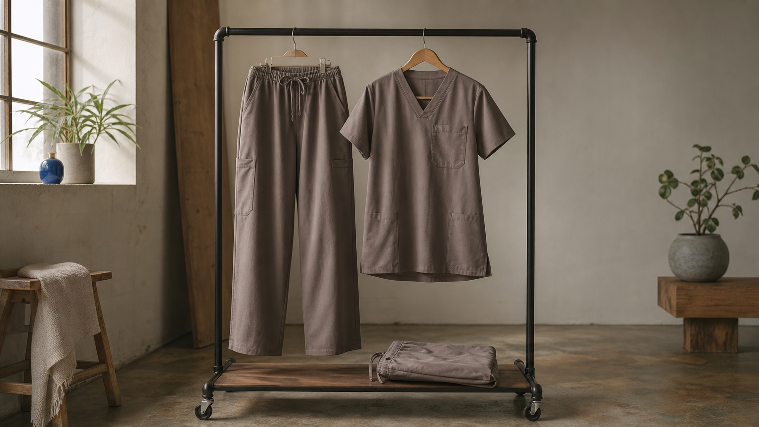 A wide-leg scrub pant and a V-neck top hang side by side on a rack, with a folded jogger below.