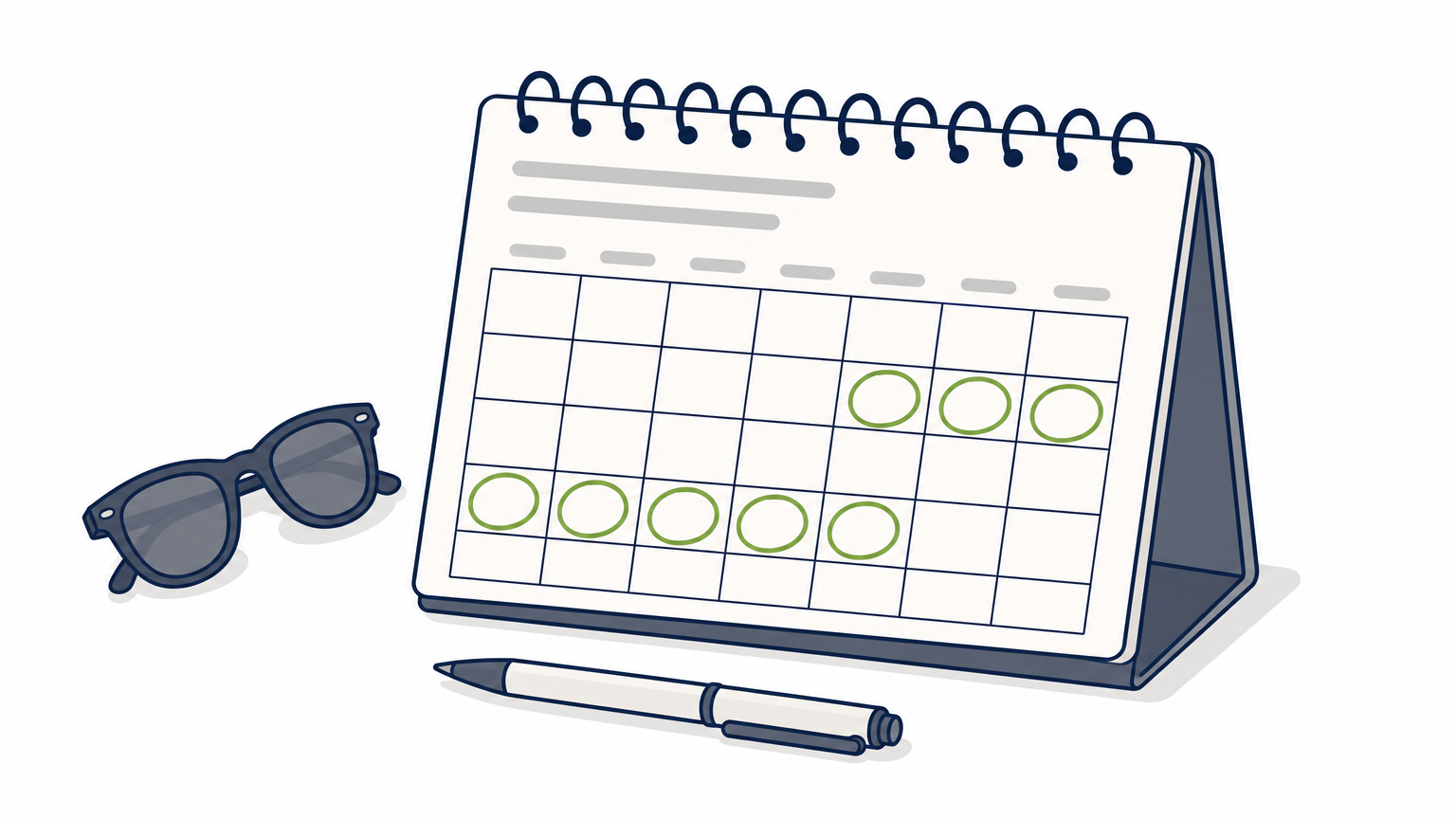An open wall calendar with late spring and early summer weeks circled sits on a porch table.
