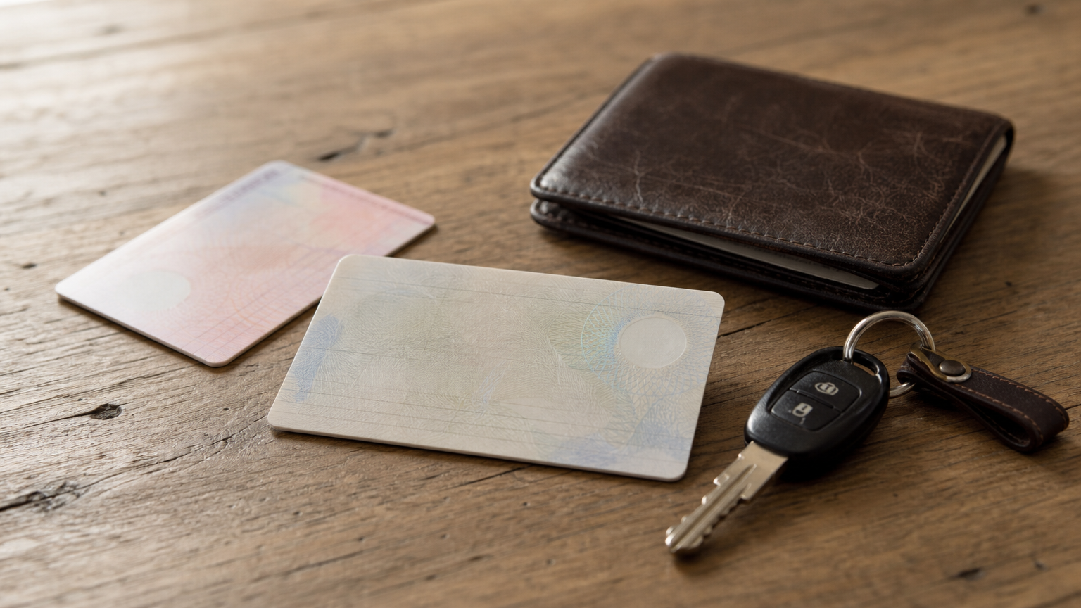 A national identity card, driving licence and car keys arranged together on a wooden table.