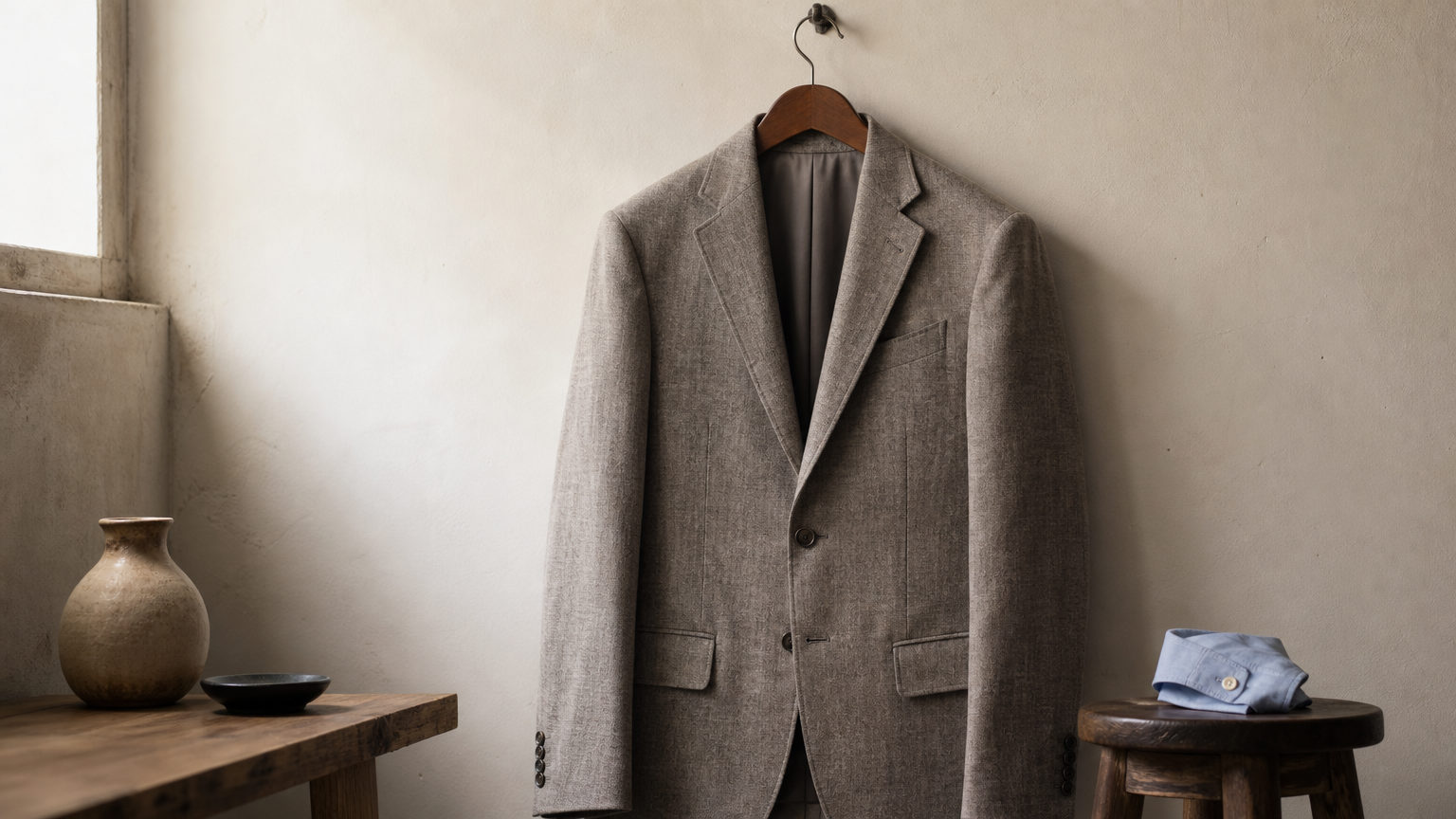 A single-breasted blazer hangs on a wooden hanger with its notch lapels clearly visible.