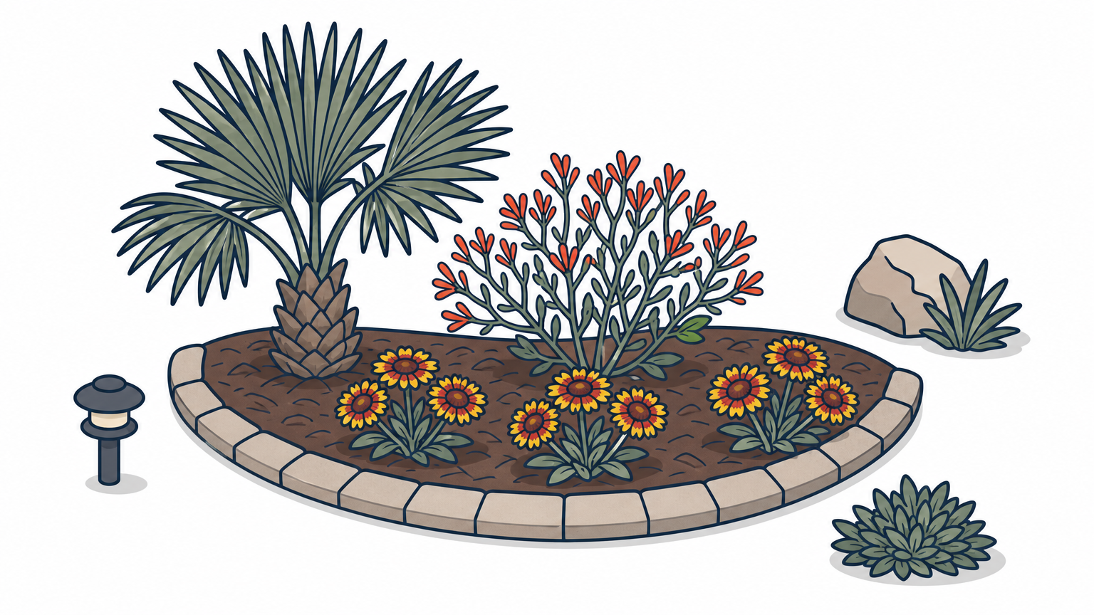 A curved front bed with a palm at one corner, shrubs in the middle, and low flowers planted in groups along the edge.