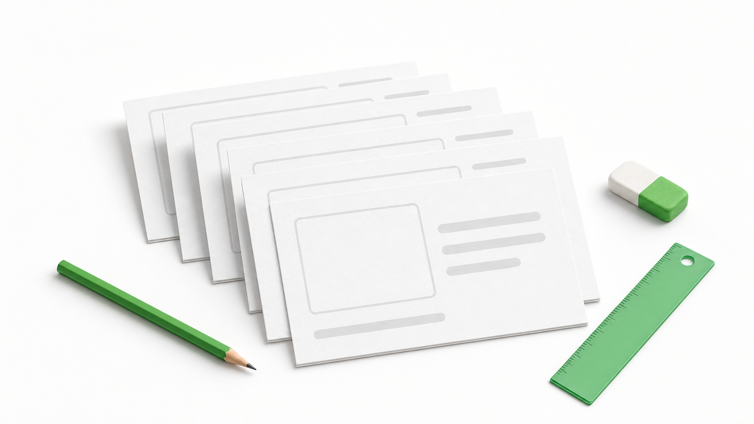 A row of paper sketch cards on a table with a pencil and ruler beside them.