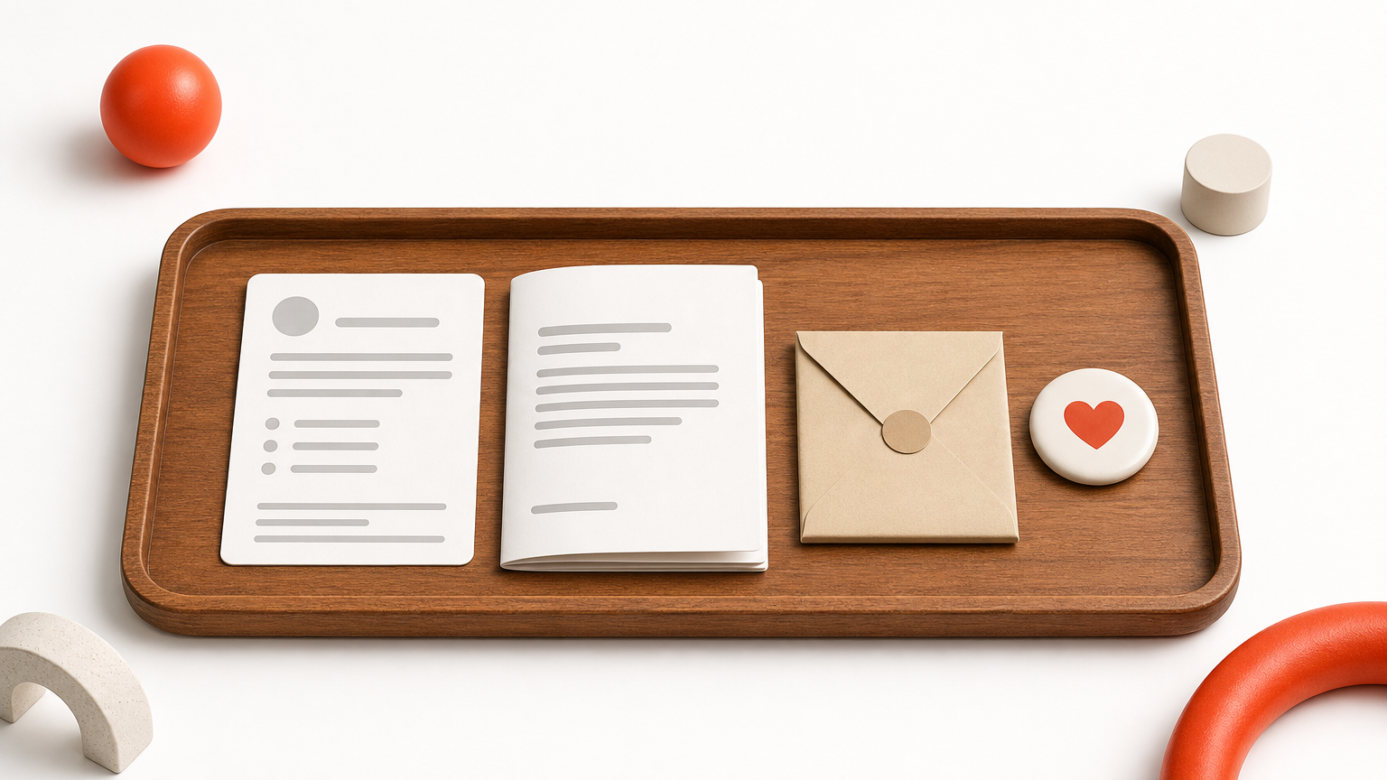 A wooden tray holds a contact card, a folded policy document, an envelope, and a round badge.