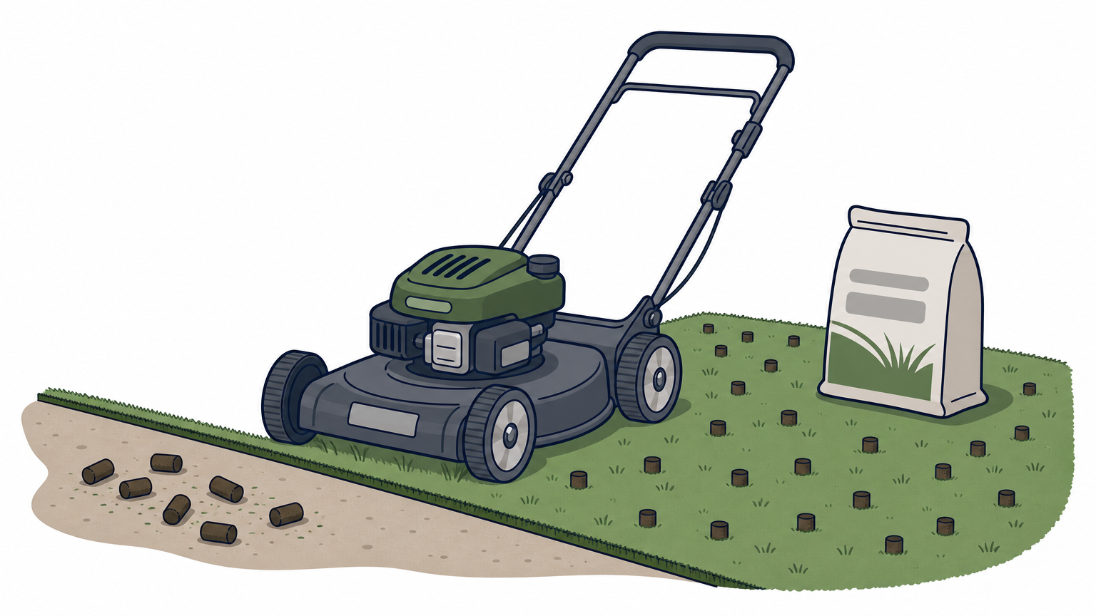 A mower cutting a clean edge beside a lawn marked with aeration plugs and a seed bag.