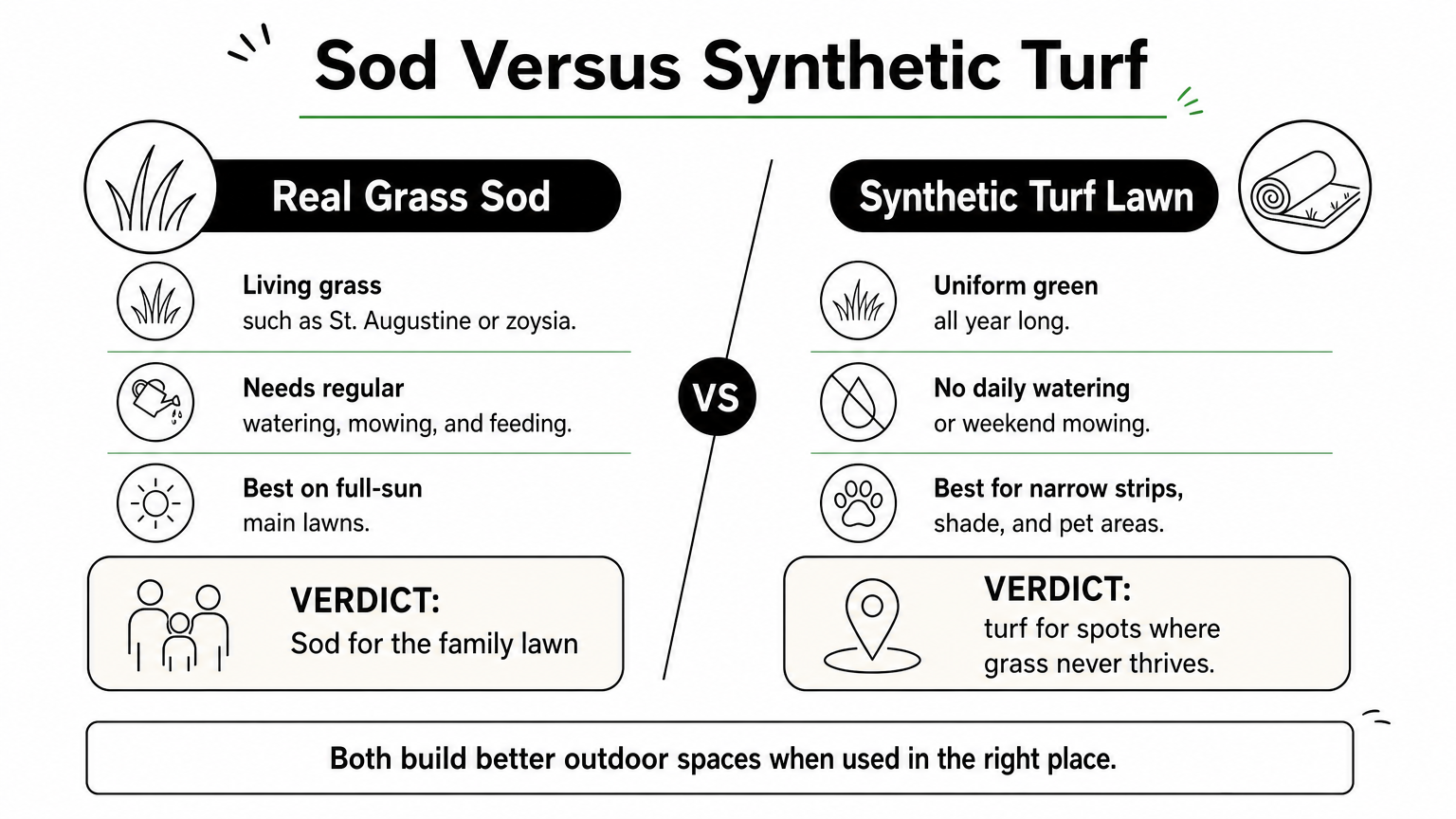 Side-by-side comparison of sod and synthetic turf, with the best uses for each in a front lawn.