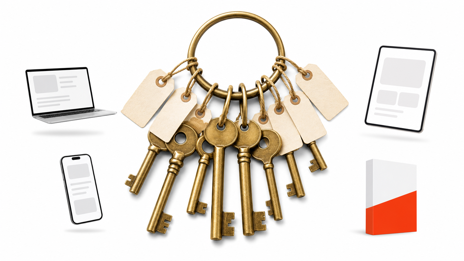 Seven brass keys of different sizes hang on a single metal ring, each with a small paper tag.