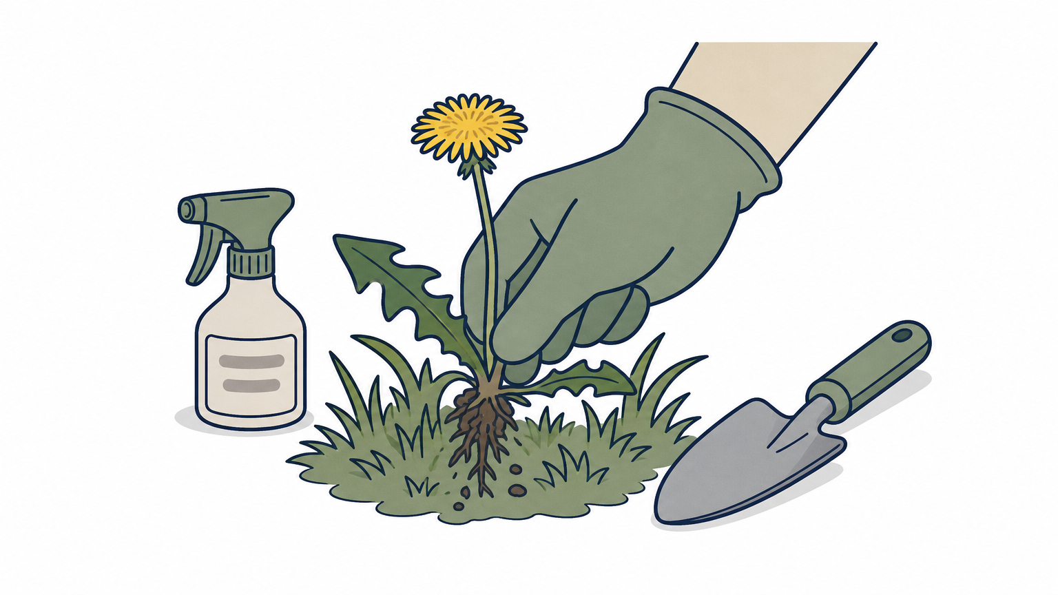 A gloved hand pulling one dandelion from a lawn, with a spray bottle and trowel nearby.