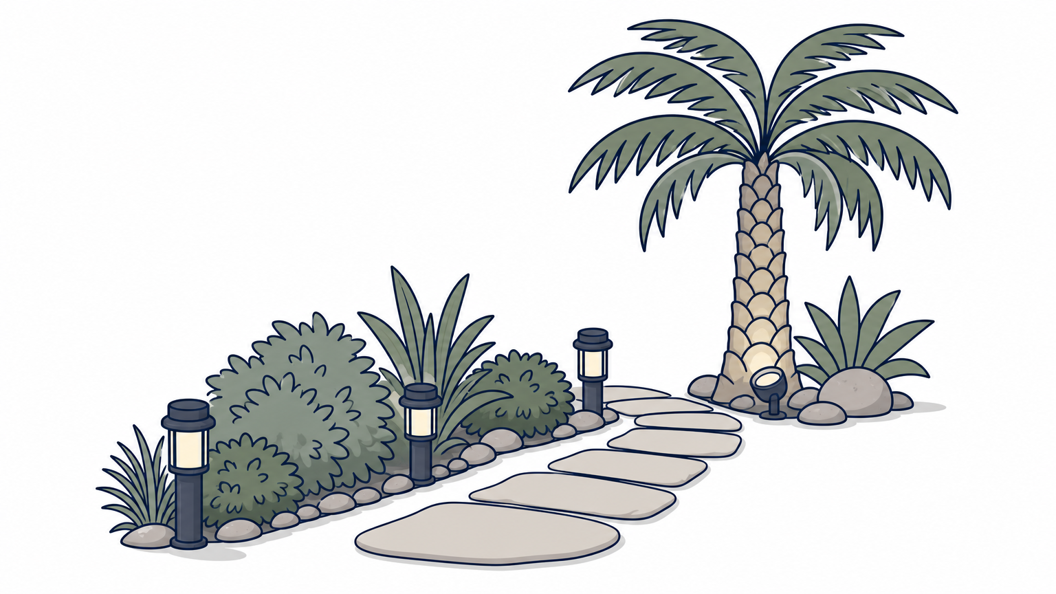 Low path lights line a walkway while an uplight shines up into the trunk and fronds of a palm tree.