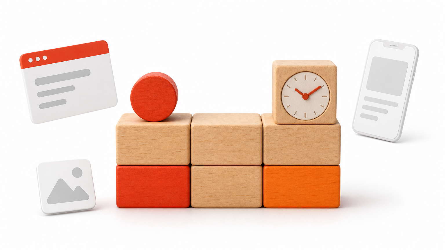 Wooden blocks stacked into three equal columns, with a round block on the left and a clock block on the right.