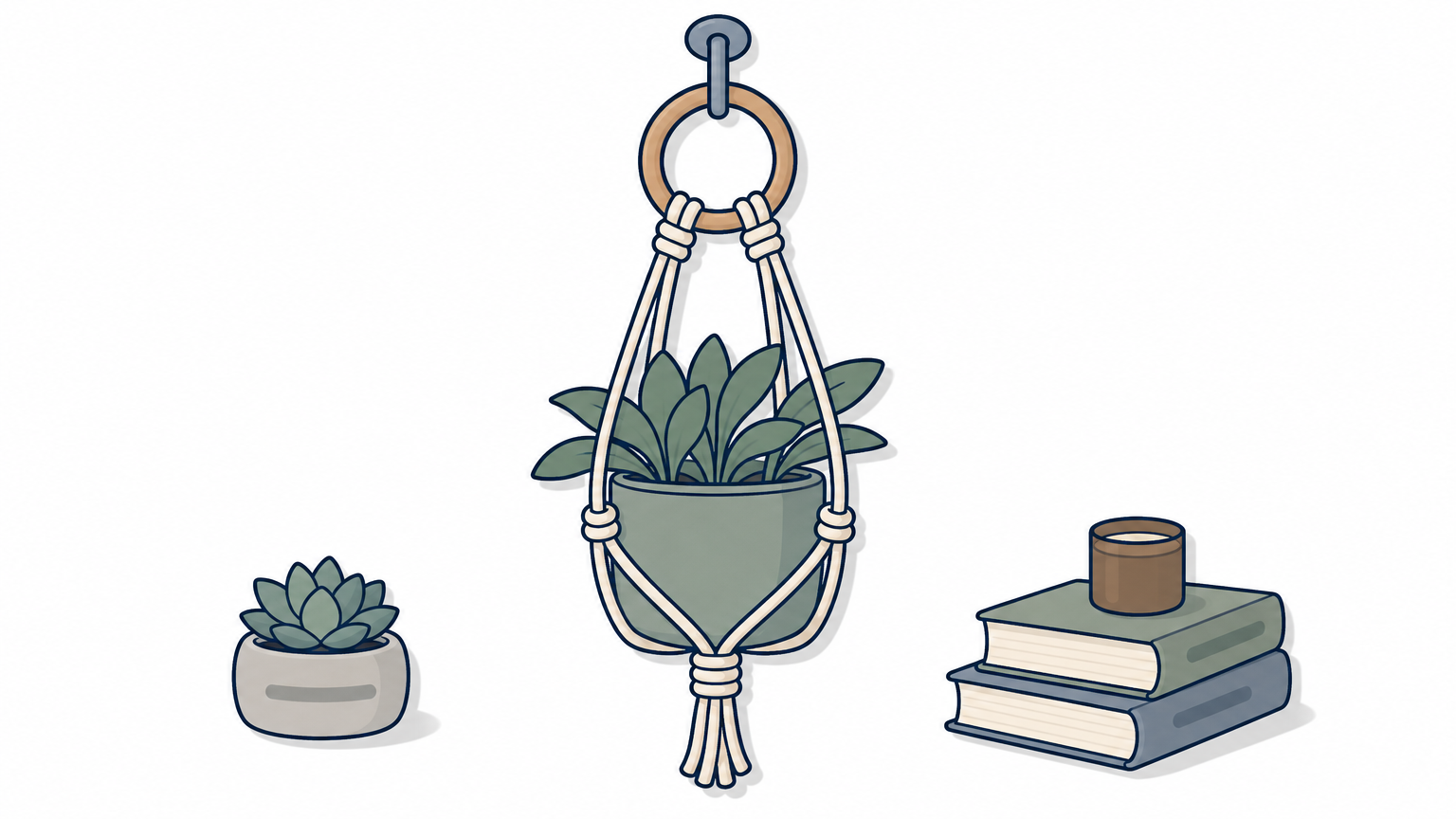 A knotted cord plant hanger hanging from a ceiling hook and holding a small pot.