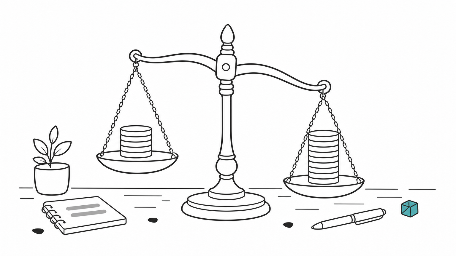 A balance scale tips toward a taller stack of coins on one pan, showing the heavier side of a token bill.